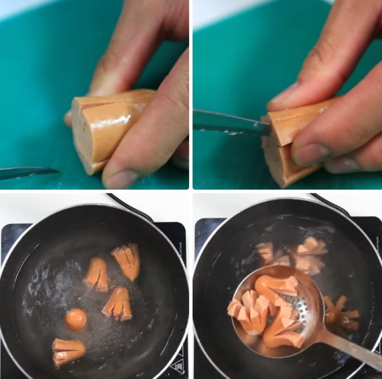 Cắt xúc xích hình con bạch tuộc và luộc xúc xích Cắt xúc xích hình con bạch tuộc và luộc xúc xích